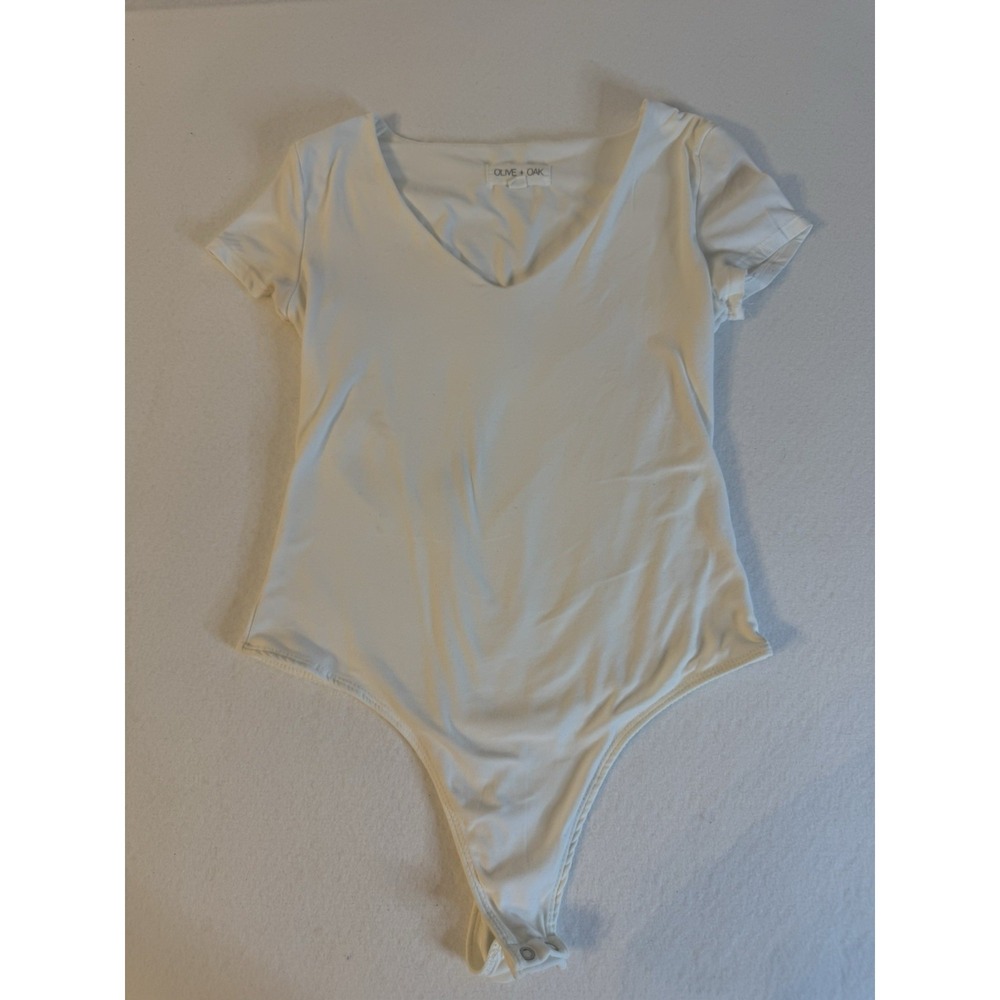 Olive + Oak Womens White V-Neck Short Sleeve Thong Bodysuit Size Large